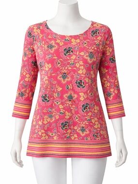 Ruby Rd. Women’s pink, yellow, white floral 3/4 sleeve top raised white dot Sz M